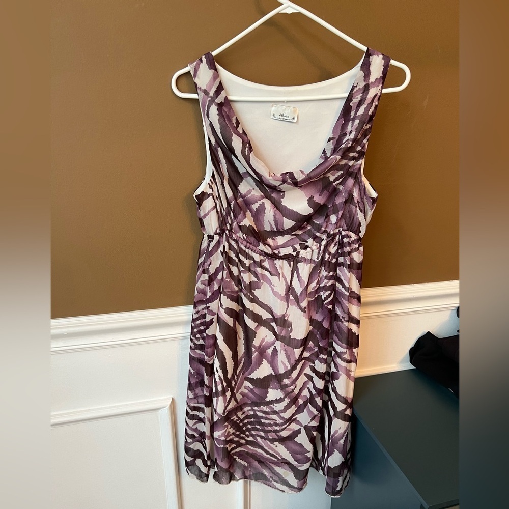 Abria Purple Sleeveless Cowl Neck Midi Sundress Abstract Artsy